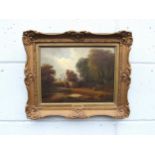JOHN MOORE OF IPSWICH (1820-1902) An ornate gilt framed oil on wooden board, rural scene with