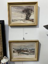 Two Arthur Pank (1918-1999) oil on canvas boards, Winter rural landscapes, 24cm x 34cm