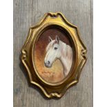STEPHEN WALKER (1900-2004): Oval portrait of white horse in gilt frame, 17cm tall