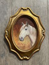 STEPHEN WALKER (1900-2004): Oval portrait of white horse in gilt frame, 17cm tall