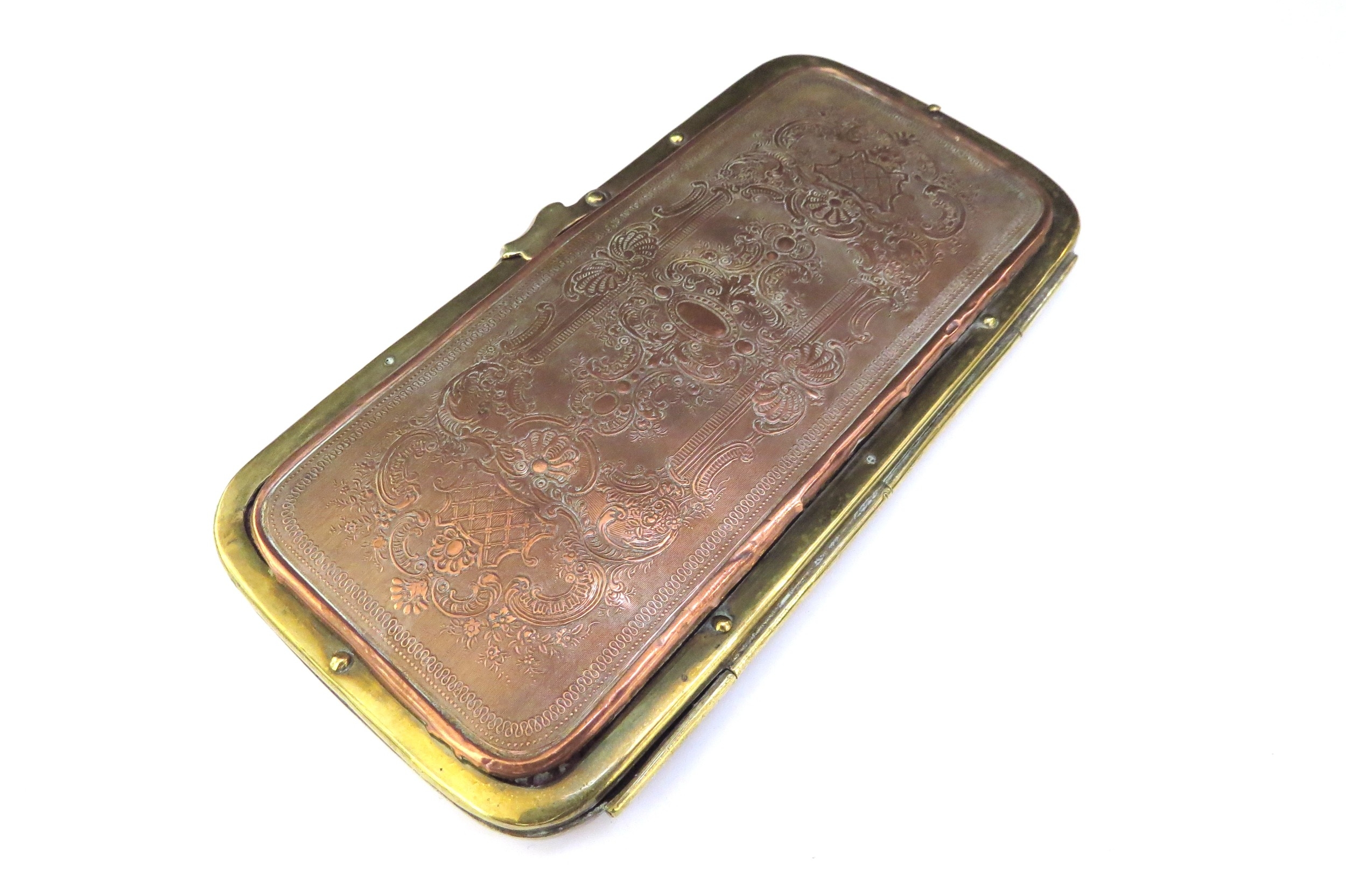 A 19th Century Grand Tour pouch/spectacle case having a brass frame with embossed copper panels to - Image 3 of 4