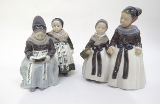 Two pairs of Royal Copenhagen Amager dress figurines, 18cm and 19cm tall