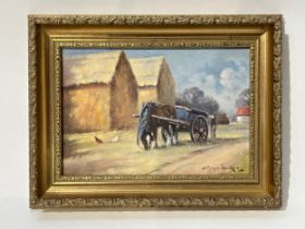 STEPHEN WALKER (1900-2004): Oil on canvas depicting horse and cart in farmyard with chickens, 16.4cm