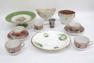 Mixed 19th Century ceramics including staple repaired Derby pot, teacups and saucers, Spode egg cup,