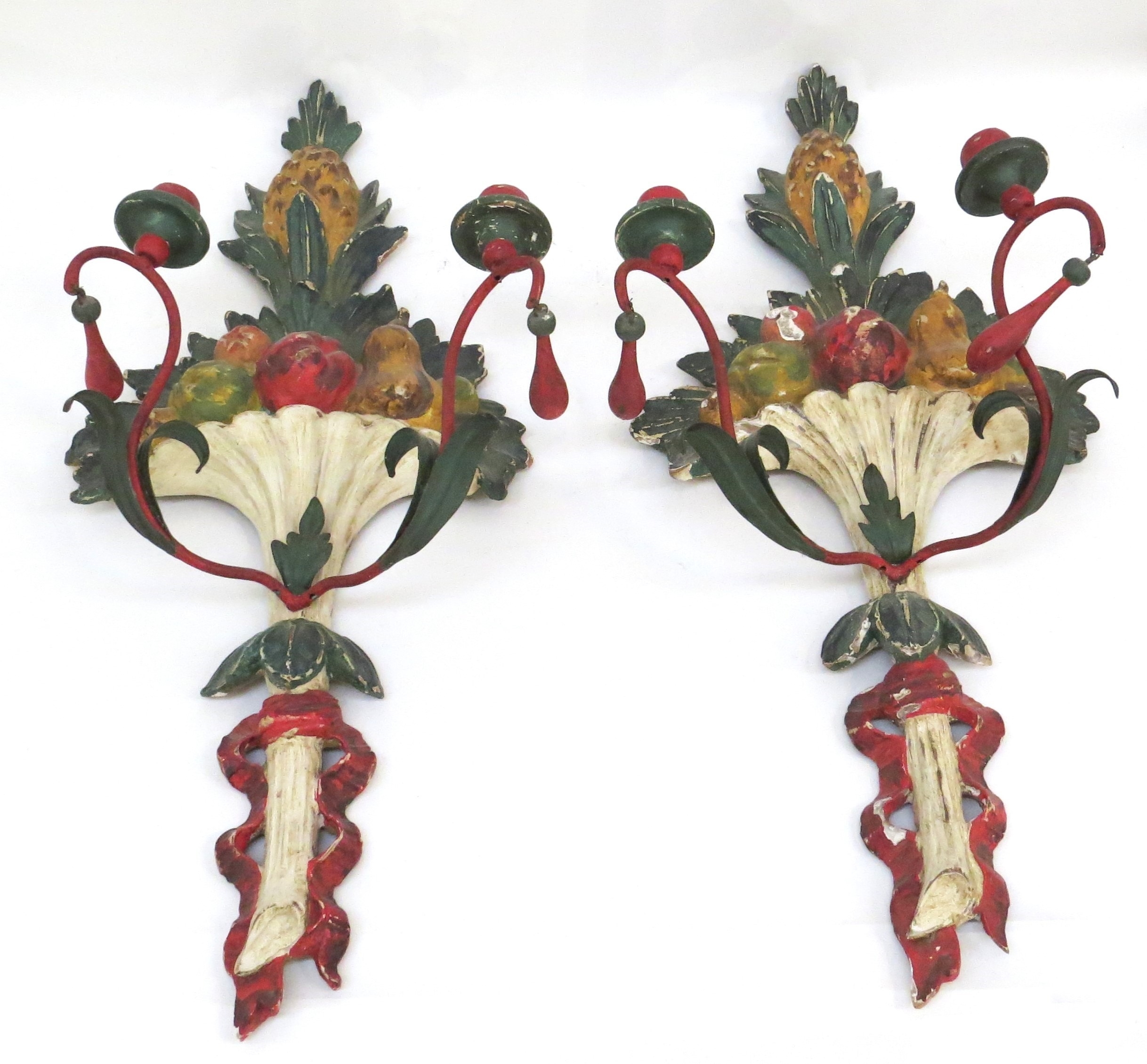 A pair of painted wool and metal wall hanging candle sconces of pineapple and fruit design, 71.5cm - Image 2 of 7