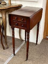A Victorian mahogany two drawer drop-leaf work table, on turned supports to castors, 74cm x 31.5cm x