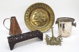 A brass dish with central embossed thistle, pint vessel armorial stand, 19th Century cast iron grate