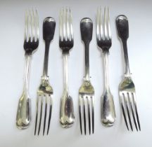 A set of six Elizabeth and John Eaton silver forks, with a bull and crown crest, London 1860, 355g