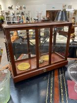 A vintage set of scientific scales in mahogany case with double door entry, 56.5cm x 70cm x 30cm