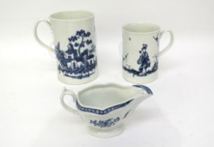 Two Worcester crescent moon tankards; 'Walk in the Garden' pattern circa 1760, 'Pagoda' pattern with
