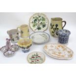 Mixed French Faience ceramics including jugs, mugs, dishes, plates and dolphin dish, some items with