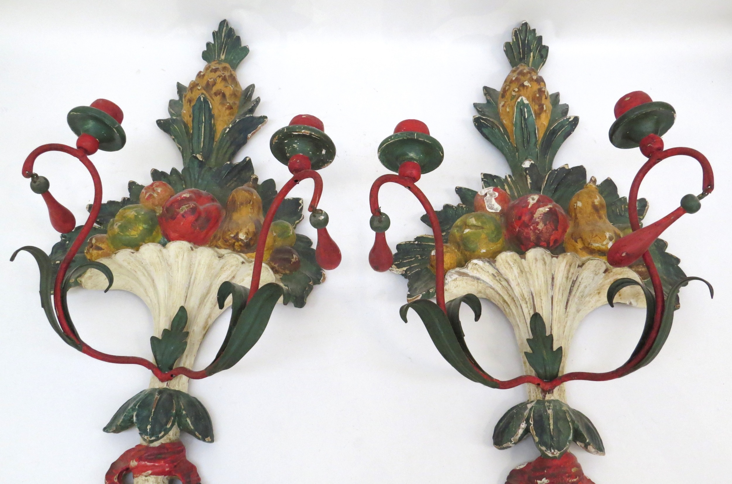 A pair of painted wool and metal wall hanging candle sconces of pineapple and fruit design, 71.5cm - Image 4 of 7