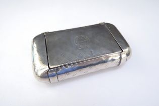 A Georgian silver snuff box engraved "B Feb 28th 1847" to hinged lid, all over etched decoration,