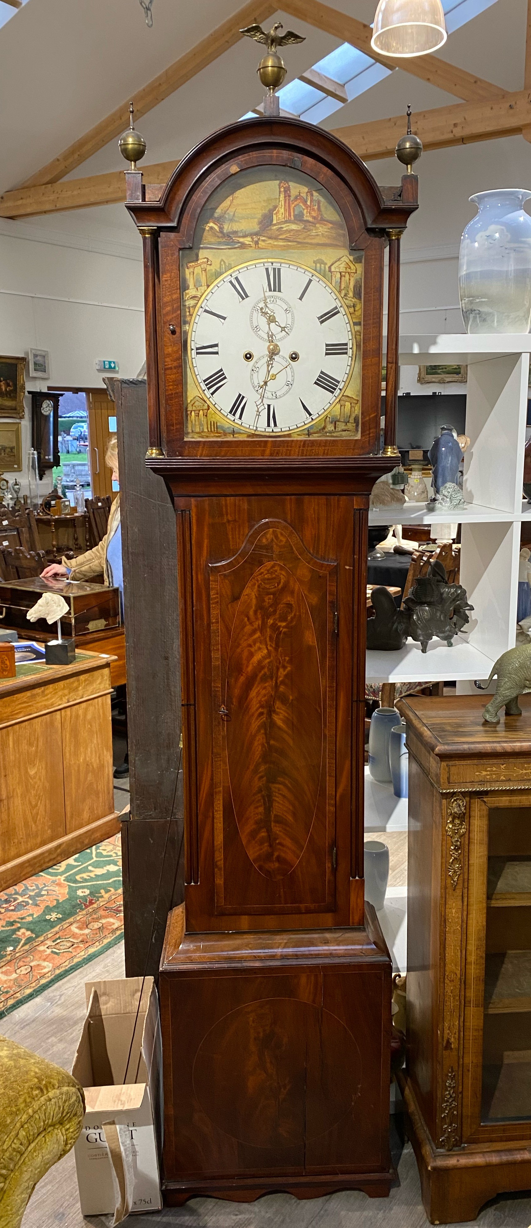 A Regency mahogany 8-day long case clock, with painted arch dial depicting ruins, Roman numeral dial - Image 2 of 6