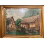 Two early 20th Century rustic farm scenes with barns and fence, oil, gilt framed