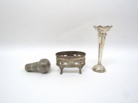 A silver stem vase (weighted base), silver salt (no liner) and silver walking cane finial (3)