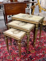 A set of three French style occasional table with lyre decoration to top, largest 58cm x 56cm x 32.