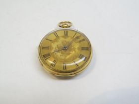 An 18ct gold engraved pocket watch with key, 33.1g total, 4cm diameter