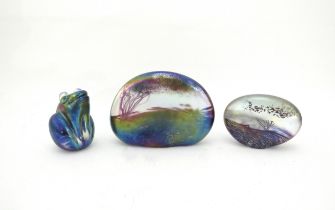 John Ditchfield Glasform Glass frog and two landscape paperweights (3)