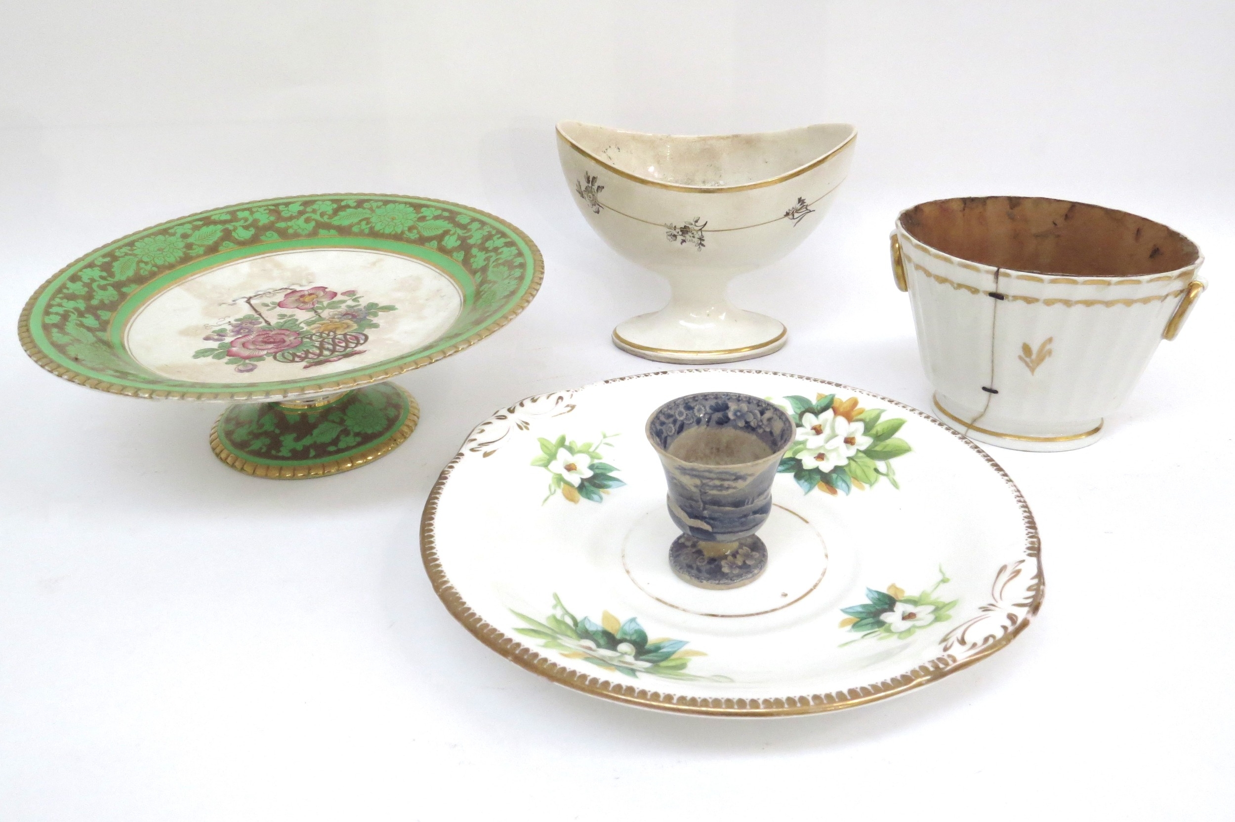 Mixed 19th Century ceramics including staple repaired Derby pot, teacups and saucers, Spode egg cup, - Image 2 of 7