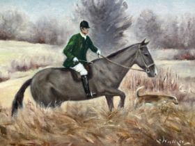 STEPHEN WALKER (1900-2004): Huntsman on horse with hound, oil on canvas, 24cm x 29cm