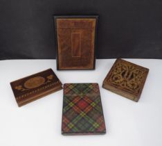 Four various wooden card cases including Tunbridge ware example