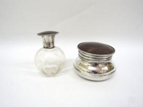 A tortoise shell lidded silver pot and similar glass bottle (2)