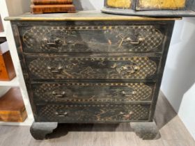 An early 20th Century chinoiserie chest of four drawers, in a distressed state, 87cm x 89cm x 46.5cm