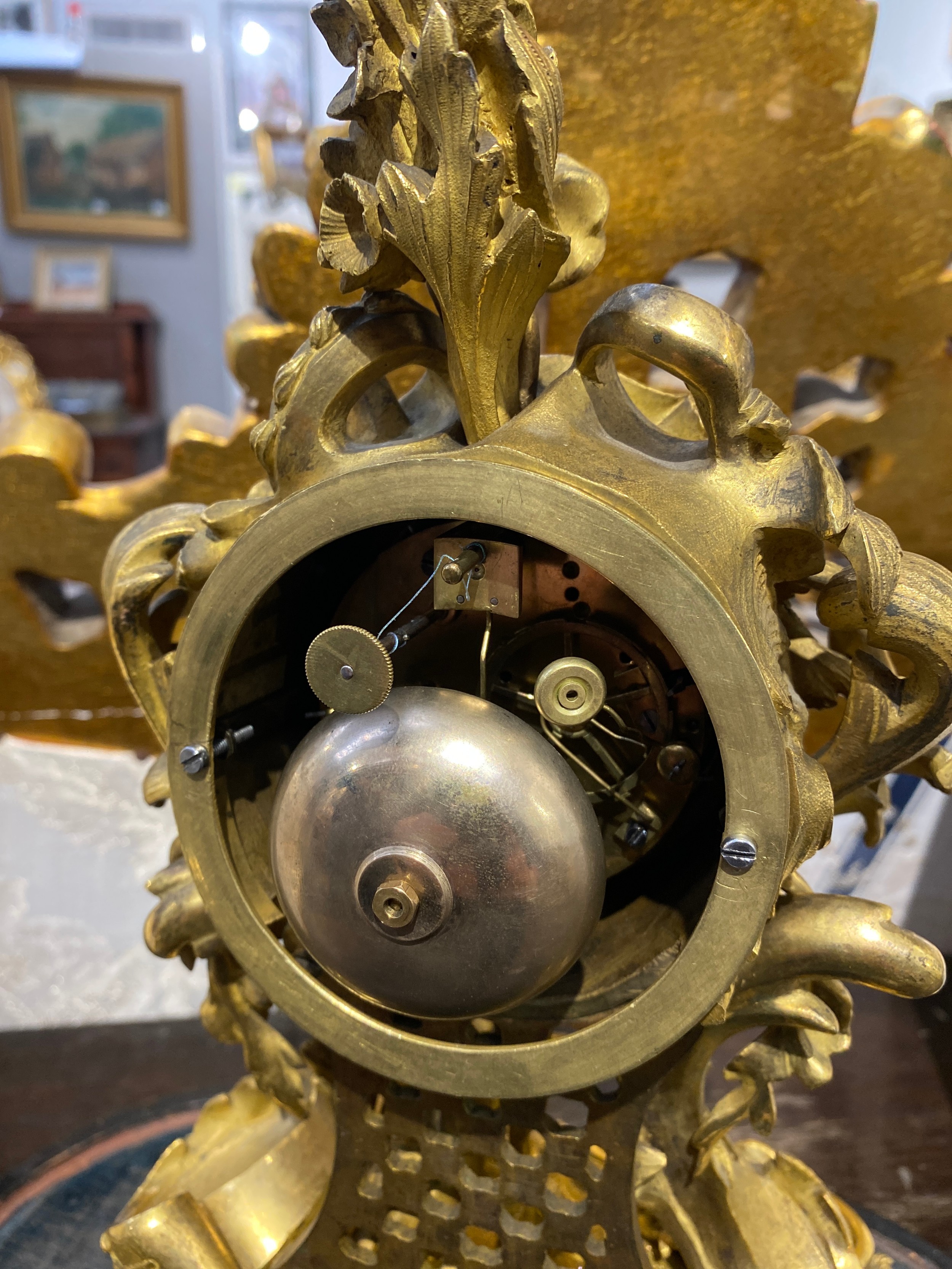 A mid 19th Century French Raingo Freres ormolu and gilt brass mantel clock, relief moulded Rococo - Image 4 of 5