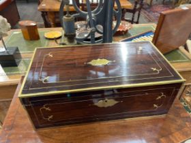 A 19th Century rosewood writing box inset with brass, a/f, 18cm x 50.5cm x 27.5cm