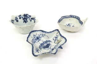 Three Worcester dishes, two crescent moon including 'Pickle Leaf pattern' circa 1765, one 'Flower