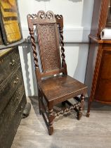 A Victorian oak barley-twist high back chair with blind fret back, 114cm tall