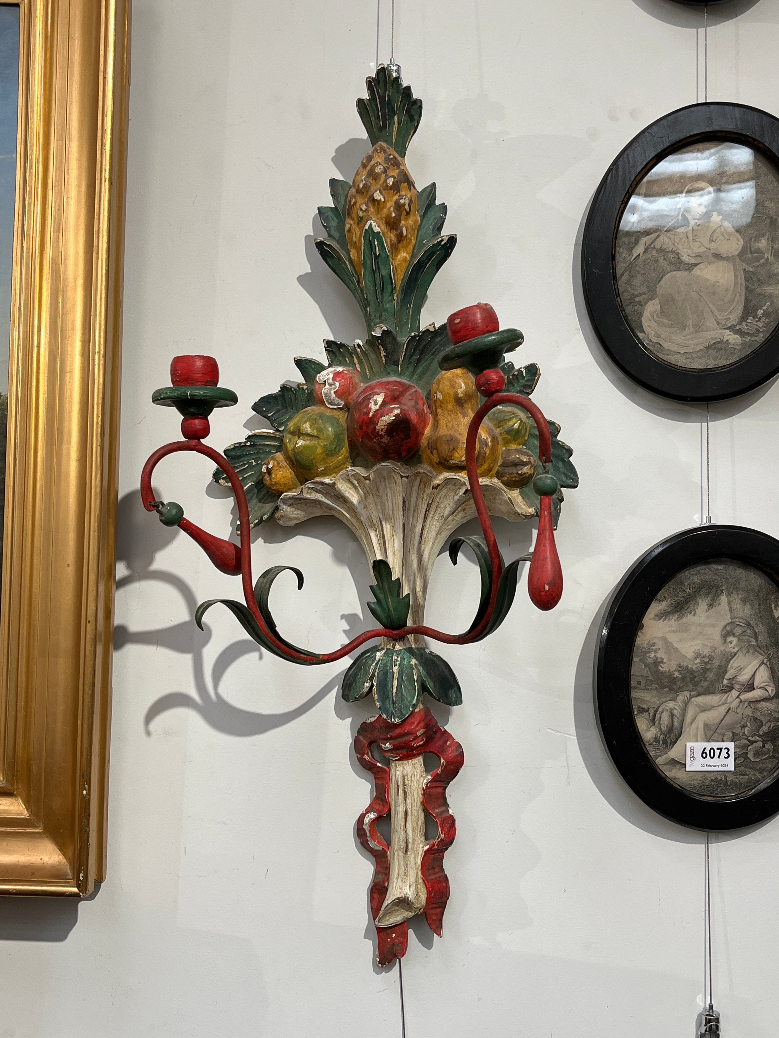 A pair of painted wool and metal wall hanging candle sconces of pineapple and fruit design, 71.5cm - Image 6 of 7