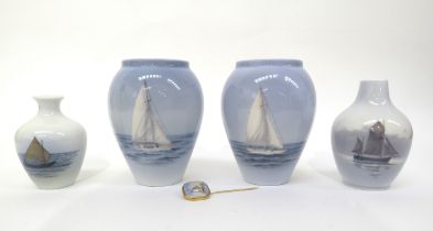 Four Royal Copenhagen small vases and a ceramic panelled pin all with maritime scenes, largest 11.