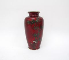 A Japanese Akasake Ginbari Cloisonne vase, Ginbari Cloisonne vase Pigeon Blood Enamel. The design is