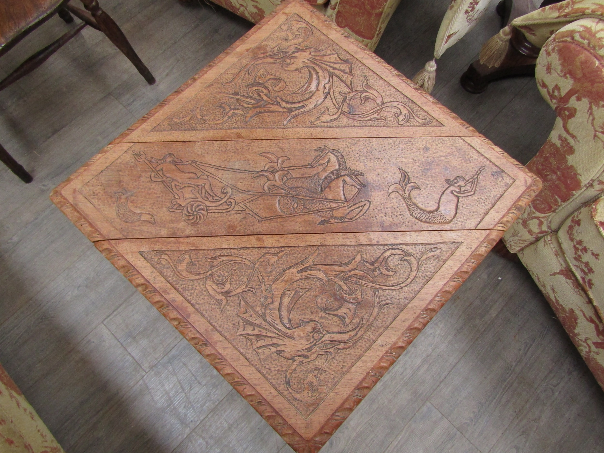 A nautical themed droplet table with carvings including mermaid, dolphins, seahorses and Poseidon. - Image 4 of 10