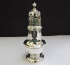 A George I silver sugar caster possibly by Samuel Woods, baluster form, plain body below pierced