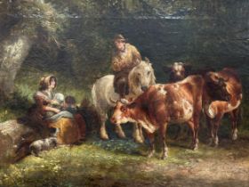 An English school 19th century oil on canvas depicting family resting with mounted farmer with