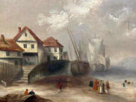 A Victorian landscape depicting moored boats in harbour with cottages and figures, gilt framed,