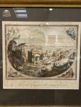 A coloured engraving circa 1790 of Venice Lagoons, framed and glazed, 27cm x 30.5cm