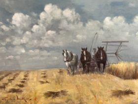 STEPHEN WALKER (1900-2004): Team of horses thrashing the corn, 29cm x 37cm
