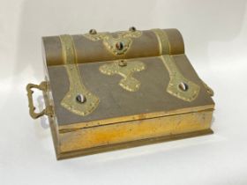 A Victorian brass writing box set with tiger's eye cabochons, some restoration needed, 13.5cm x 30cm