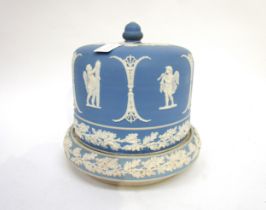 Most likely wedgwood but unmarked, early 20th century blue jasperware cheese dome, decorated with