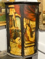A Georgian highly decorative bow-front corner cupboard with painted court scene to doors, with