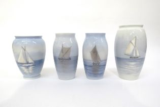 Four Bing & Grondahl maritime scene vases, 14cm, 12cm and 11.5cm tall
