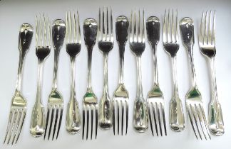 A matched set of twelve silver dinner forks including 7 Chawner and Co London and five others, all