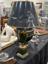 A painted metal regency style base form lamp with shade, 82cm tall