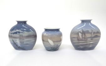 Three Dahl Jensen Denmark, maritime scene vases, 11cm and 8cm tall