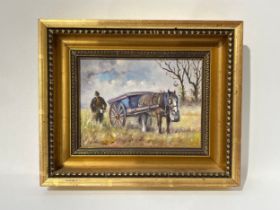 STEPHEN WALKER (1900-2004): Oil on canvas depicting horse with blue cart feeding from a hay-bag in