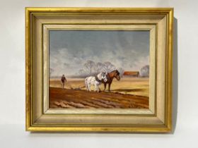STEPHEN WALKER (1900-2004): Farmer ploughing the field with a team of two horses, oil on board, 18.